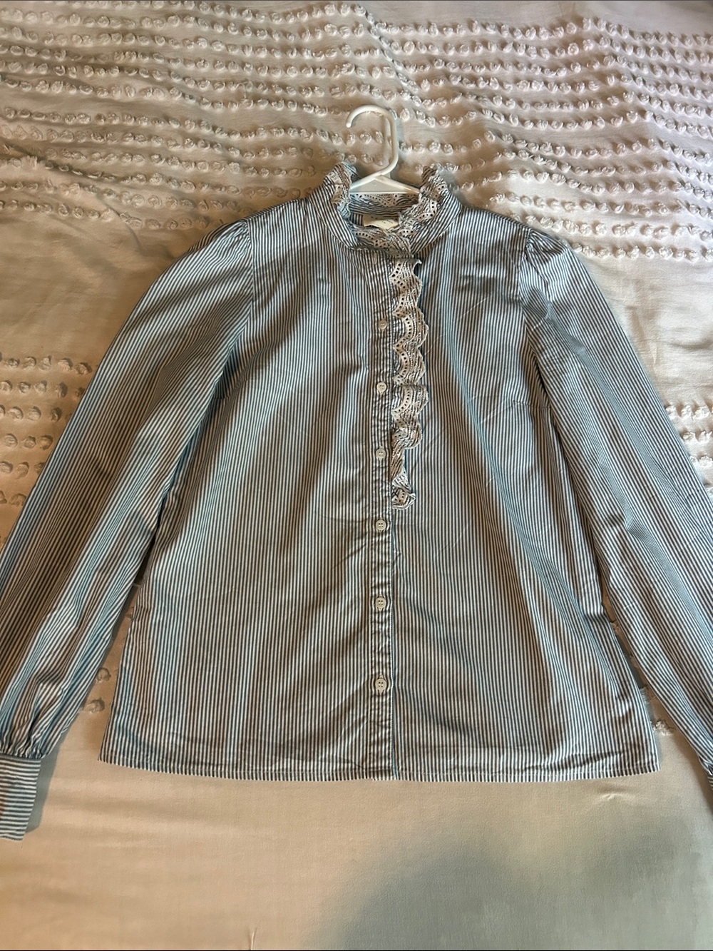 Sezane Chlo Shirt Ruffle Striped Ecru Blue Cotton  EU 36 US 4